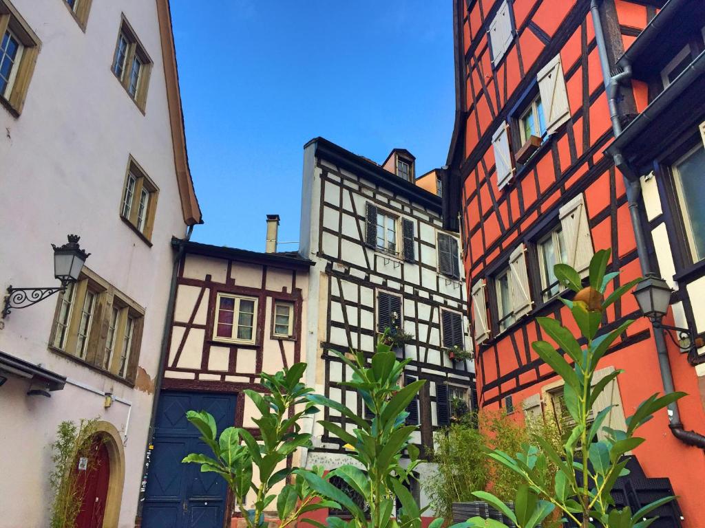 un grupo de edificios con una puerta azul en Le Cocon Petite France, en Estrasburgo