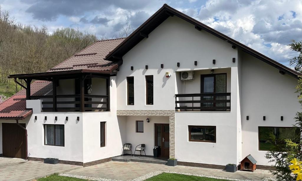 a white house with a brown roof at Casa Liniștea Pădurii in Gura Văii