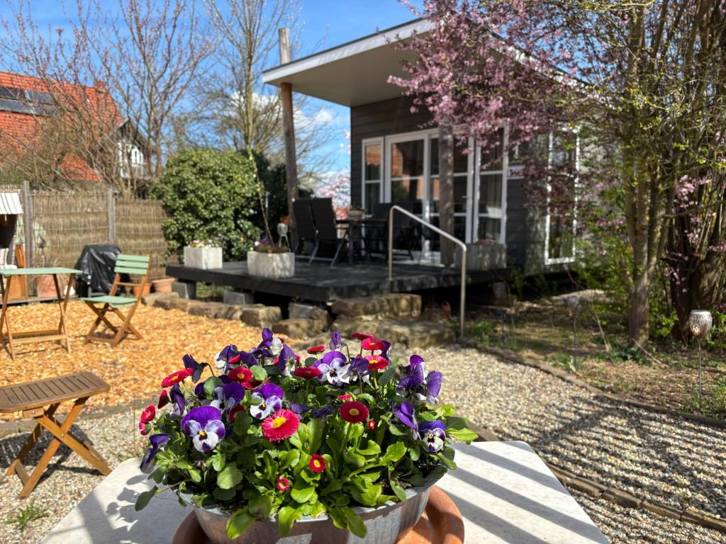 ein Blumentopf auf einem Tisch vor einem Haus in der Unterkunft Tiny Ferienhaus Kelze in Hofgeismar