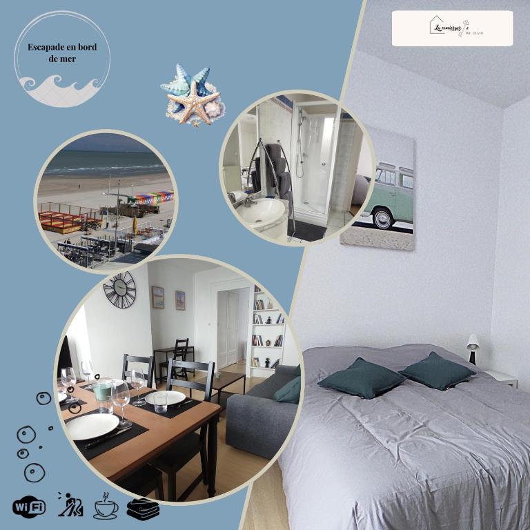 a collage of images of a bedroom and a room at Escapade vue mer in Dunkerque