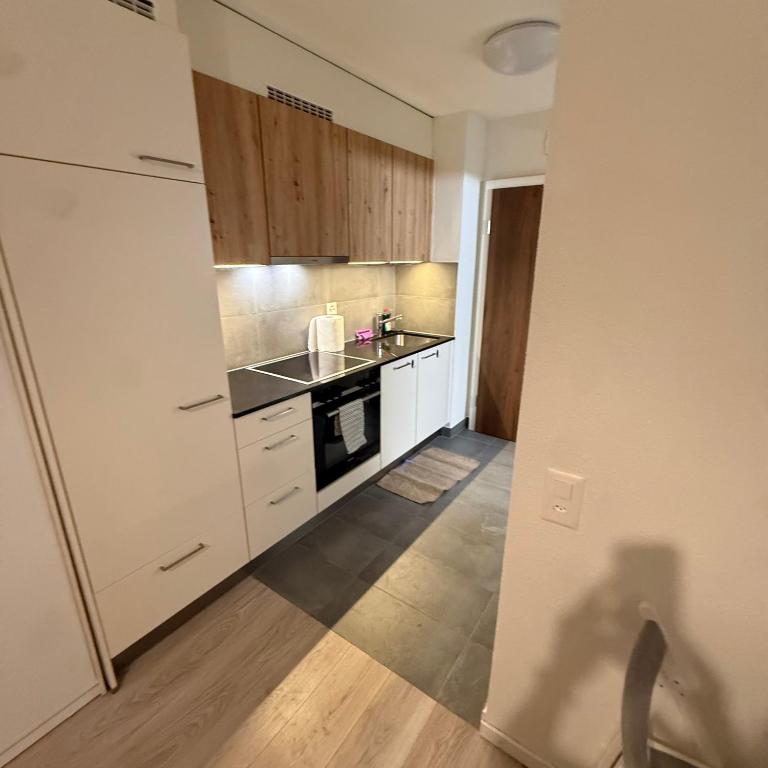 a kitchen with white cabinets and a stove top oven at Flor- Sakura Gare Lausanne in Lausanne