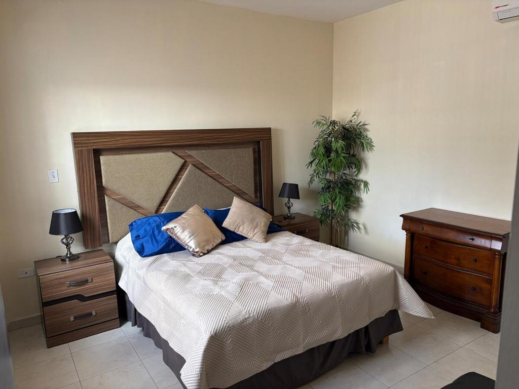 a bedroom with a large bed and a wooden dresser at Comfortable 1BR Apartment 10 Min from Malecón in La Paz