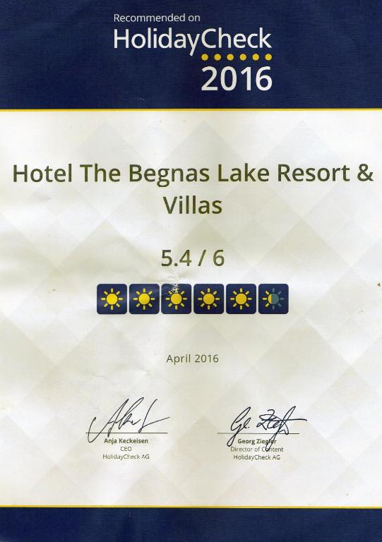 Certifikát, hodnocení, plakát nebo jiný dokument vystavený v ubytování The Begnas Lake Resort & Villas
