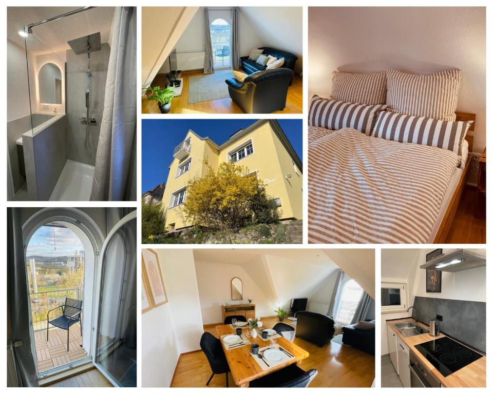 a collage of different pictures of a apartment at Giebelglück - 3 Zimmer, direkt an der UniKlinik, 2 Schlafzimmer, 4 Gäste, WLAN in Würzburg