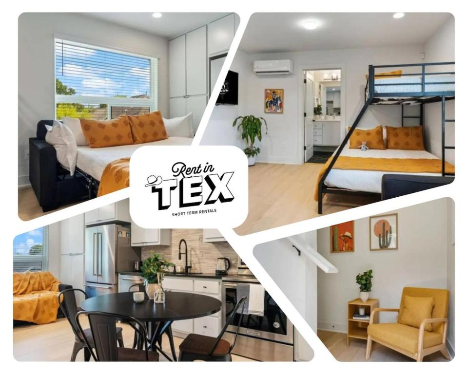 a collage of photos of a bedroom and a living room at Modern Downtown Apt Fast Wi-Fi & Parking in Austin