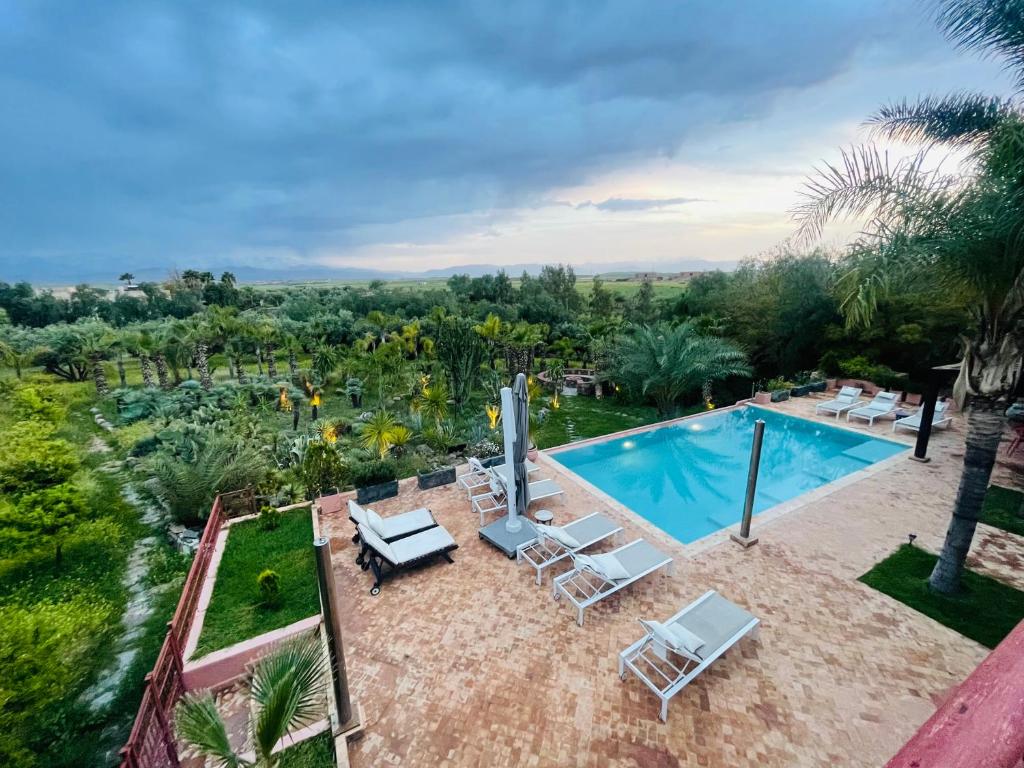 an overhead view of a swimming pool with lounge chairs at Villa Malika Private Luxury Villa Marrakech in Tameslouht
