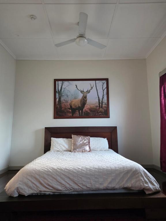 a bedroom with a bed with a picture of a deer at The Gympie Empire in Gympie
