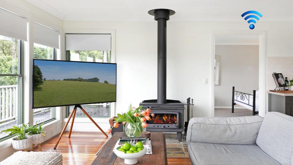 a living room with a tv and a fireplace at Tree Scape Retreat in Robertson