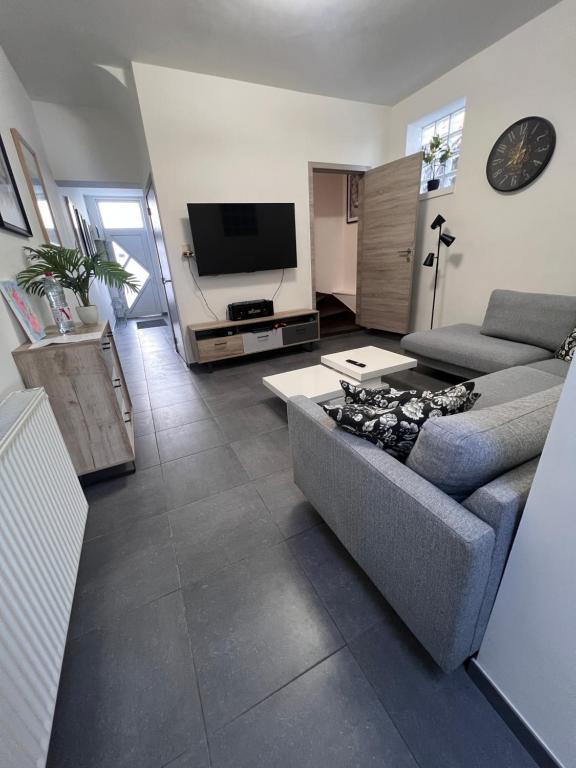 a living room with a couch and a tv at Victoria II Parking GRATUIT in Boussu