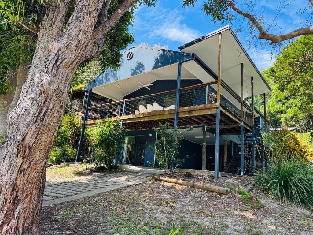 a modern house with a glass facade at Tuckeroo + sleeps 10 + central in Point Lookout