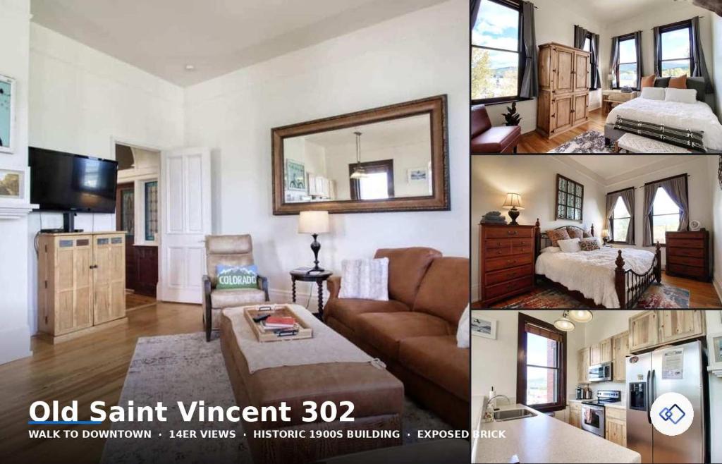a collage of pictures of a living room and a bedroom at Historic Mountain Loft with GREAT Views in Leadville