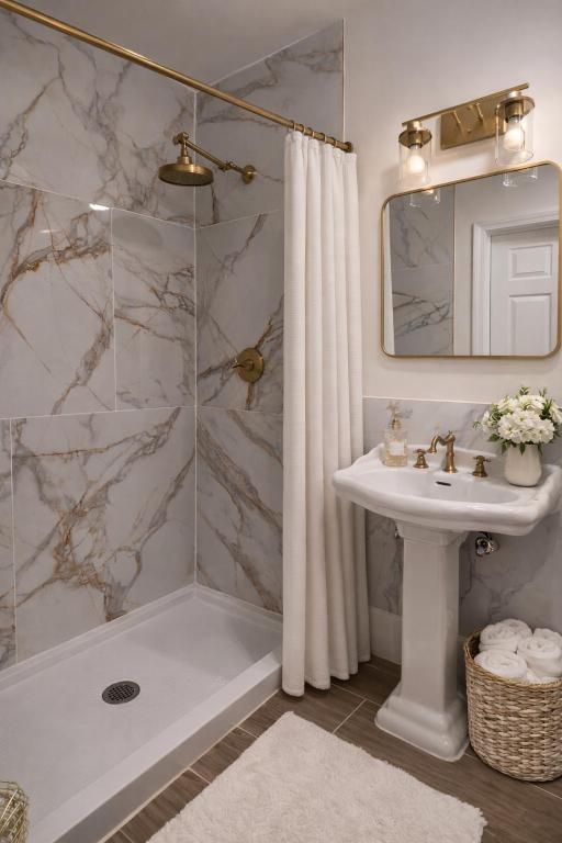 a bathroom with a sink and a shower at Sullivan Heritage 1847 - Queen Room Private Bathroom in A Private Home in Boston