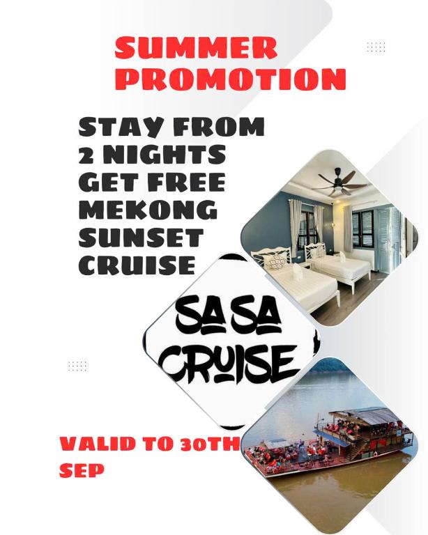 a collage of three pictures of a house with the words summer promotionstay from at Nagara Premium River View in Luang Prabang