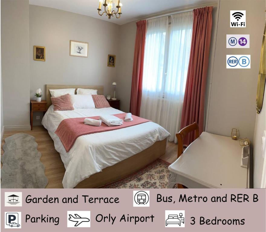 a bedroom with a large bed with red curtains at Maison Grand Paris avec jardin et parking privé proche RER B et M14 in Arcueil
