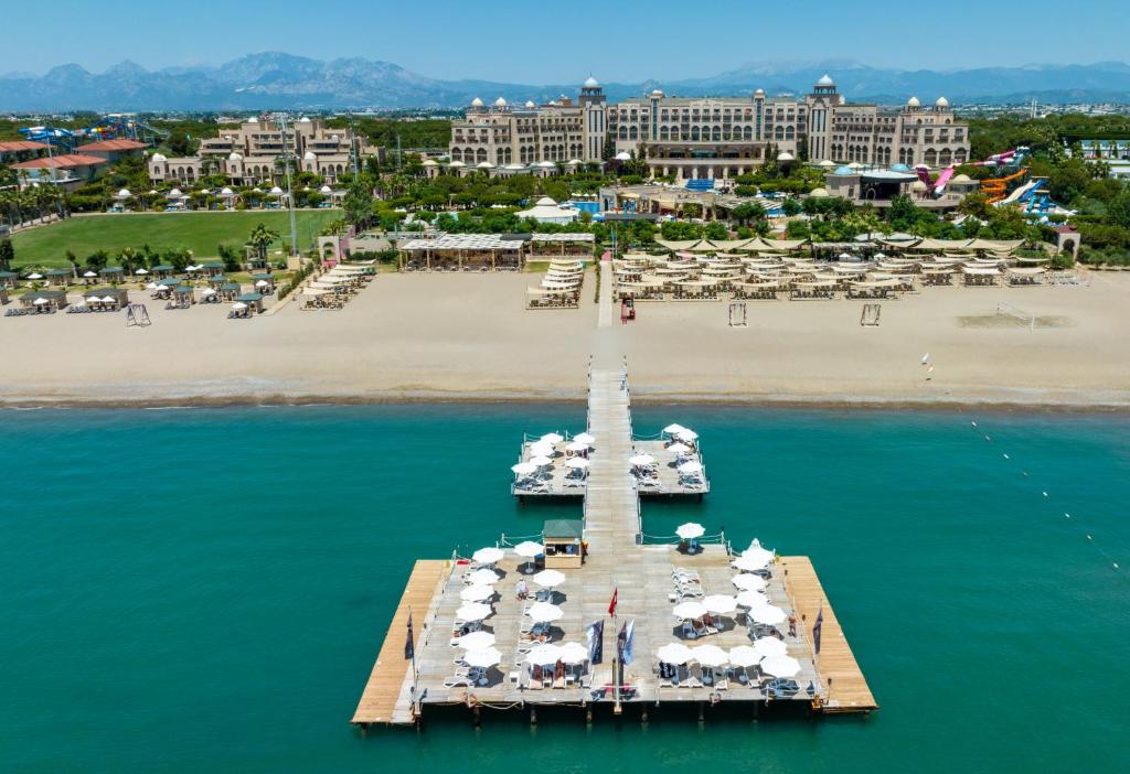 an aerial view of a pier with a beach and a resort at Spice Hotel & Spa - Ultra All Inclusive in Belek