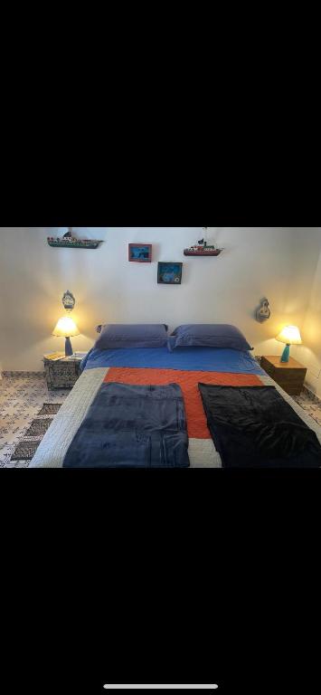 a bedroom with a large bed with blue sheets and two lamps at A casa di Ale in Stromboli