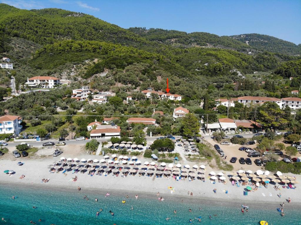 an aerial view of a beach with chairs and umbrellas at Kastri in Panormos Skopelos
