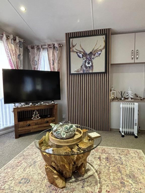 a living room with a coffee table and a tv at Dulce Casa 34 2 bedroom with hot tub in Grantown on Spey