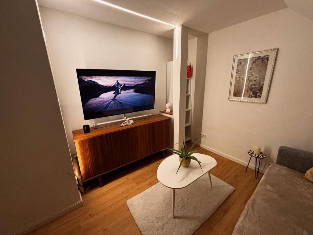 a living room with a flat screen tv on a cabinet at Stuttgart Nest in Stuttgart