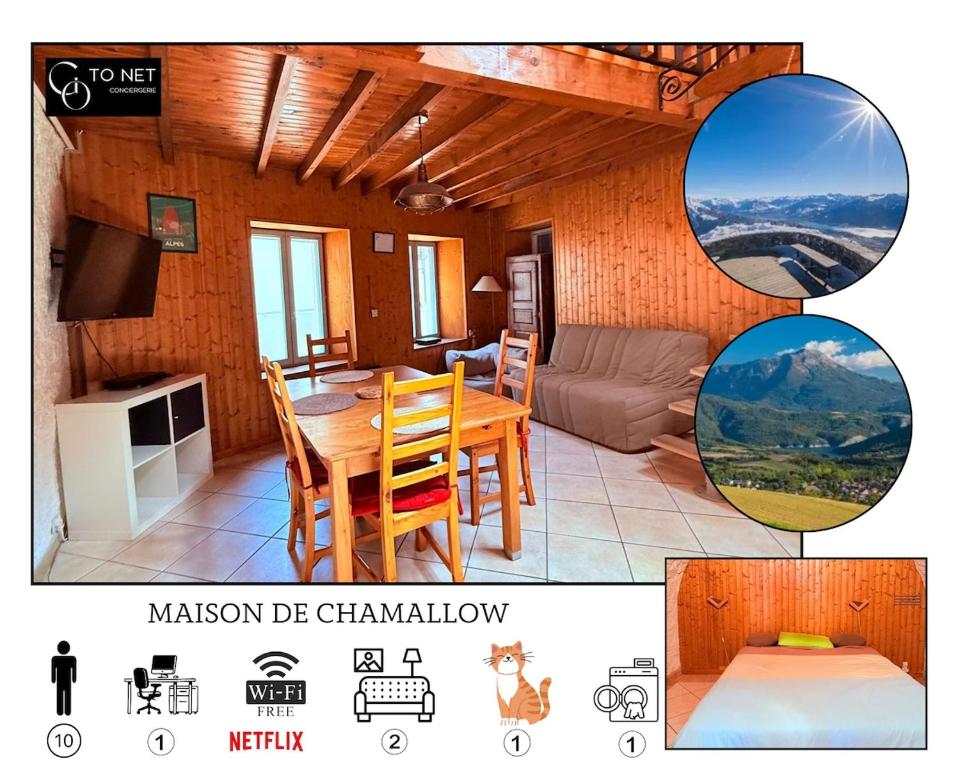 ein Zimmer mit einem Tisch und einem Esszimmer in der Unterkunft Maison Chamallow in Chorges