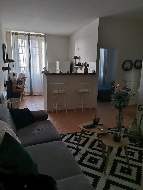 a living room with a couch and a kitchen at Appartement T2 centre-ville in Corte