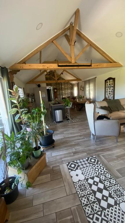 a living room filled with furniture and lots of plants at Chambre chez l habitant Audrey in Saligny-sur-Roudon