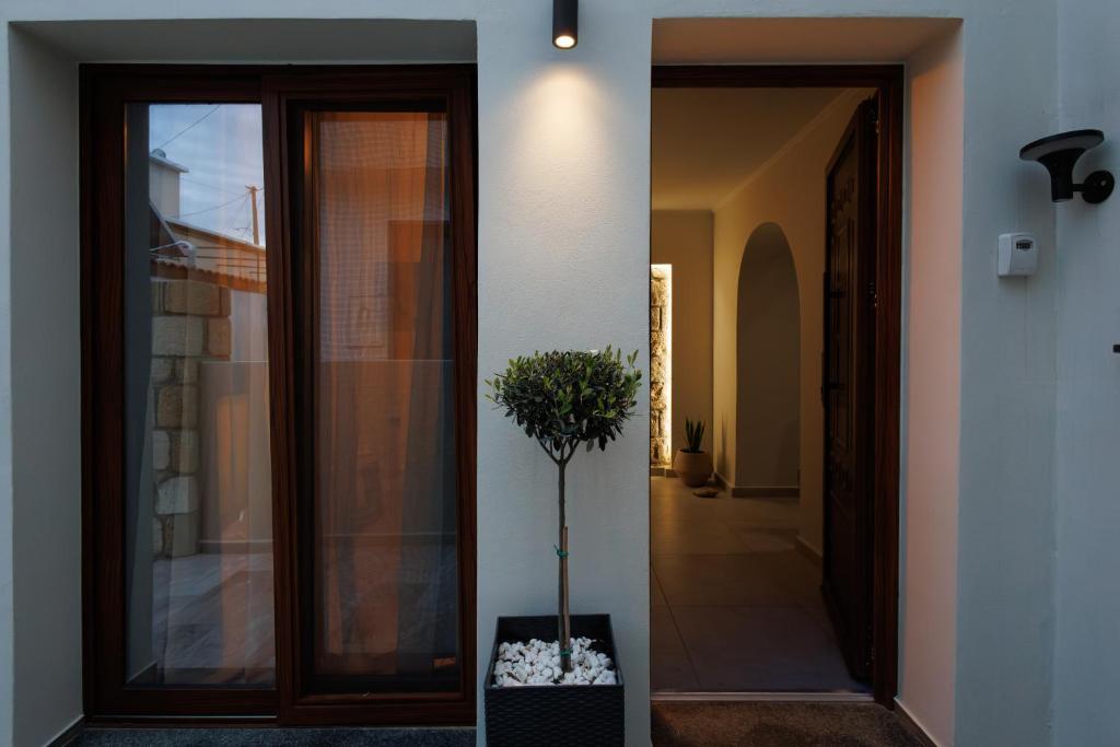 a hallway with a door with a potted plant next to it at Hidden Petra Luxury Suites 2 in Ialysos