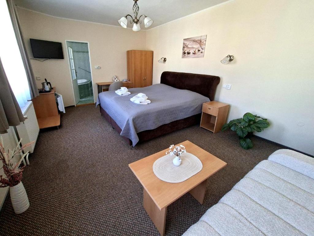 a hotel room with a bed and a table at Hotel Alster in Jevíčko