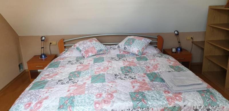 a bed with two pillows and a quilt on it at Lastovička in Ihráč