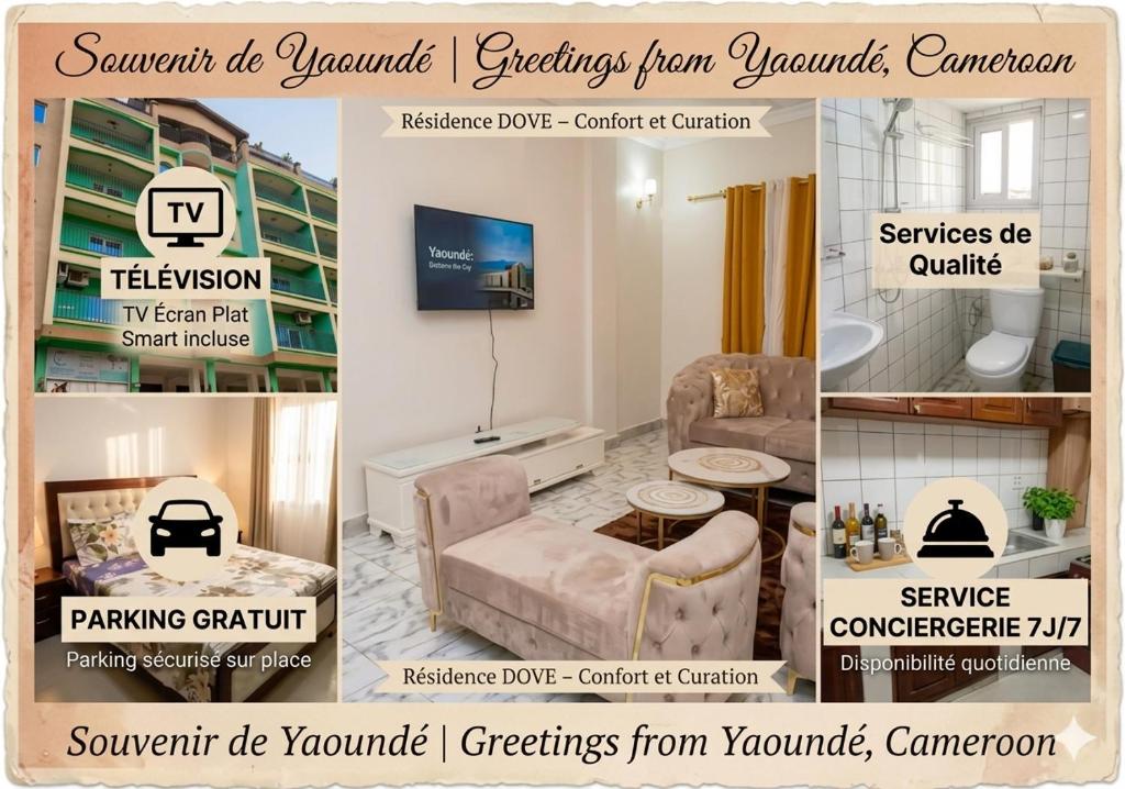 a collage of photos of a living room with furniture at 2 chambres residence Dovv quartier Odja in Yaoundé