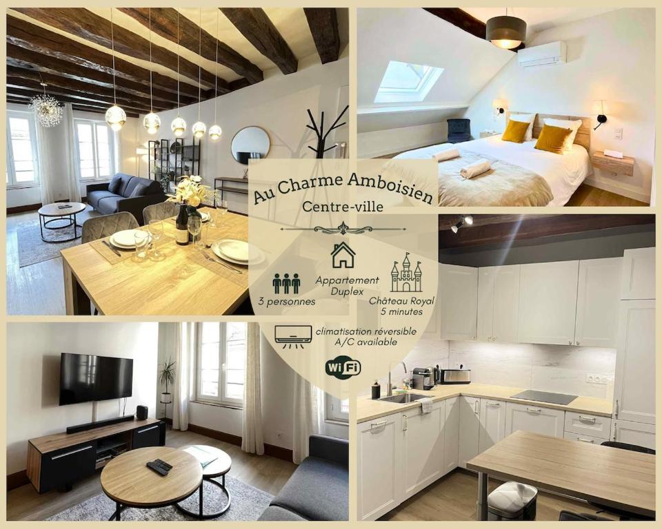 a collage of photos of a kitchen and a bedroom at Au Charme Amboisien - Centre-ville et climatisé in Amboise