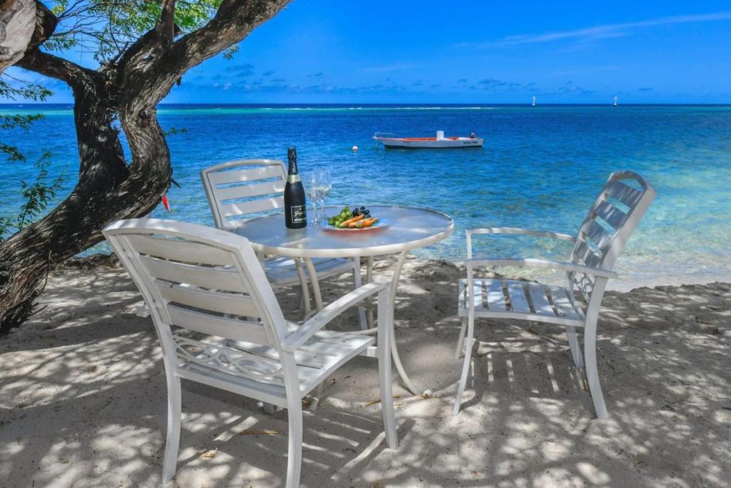 a table and chairs on the beach with a bottle of wine at NEW RENOVATION - Beachside Two-Bedroom Suite in Savaneta