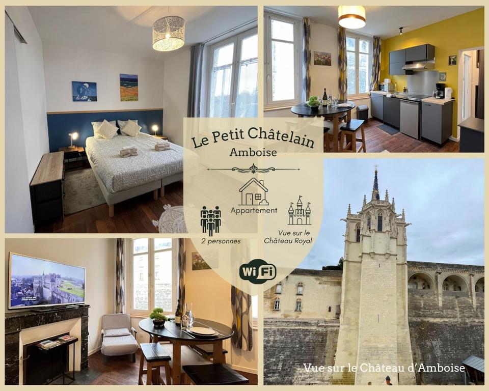 a collage of photos of a room with a bed and a tower at T2 Amboise avec vue sur le Château Royal in Amboise