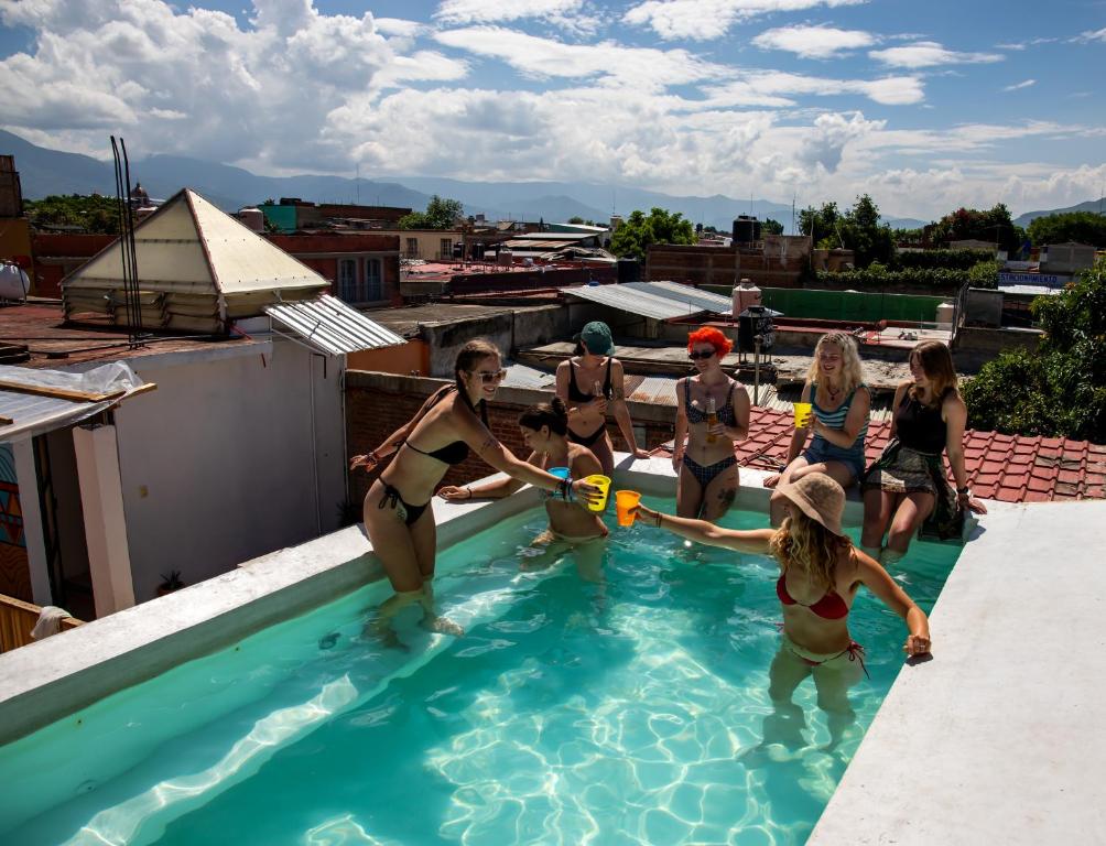 a group of women in bathing suits playing in a swimming pool at Maka Hostel in Oaxaca City