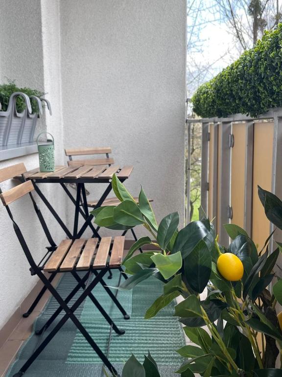 a patio with a table and a plant on a balcony at Ostoja Apartament Bytom Miechowice 24H - blisko A1, Gliwice 15 min in Bytom