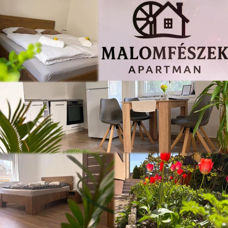 a collage of photos of a bedroom and a apartment at Malomfészek Apartman in Tapolca