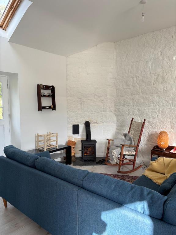 a living room with a blue couch and a fireplace at Carpenters Cottage in Rathvilly