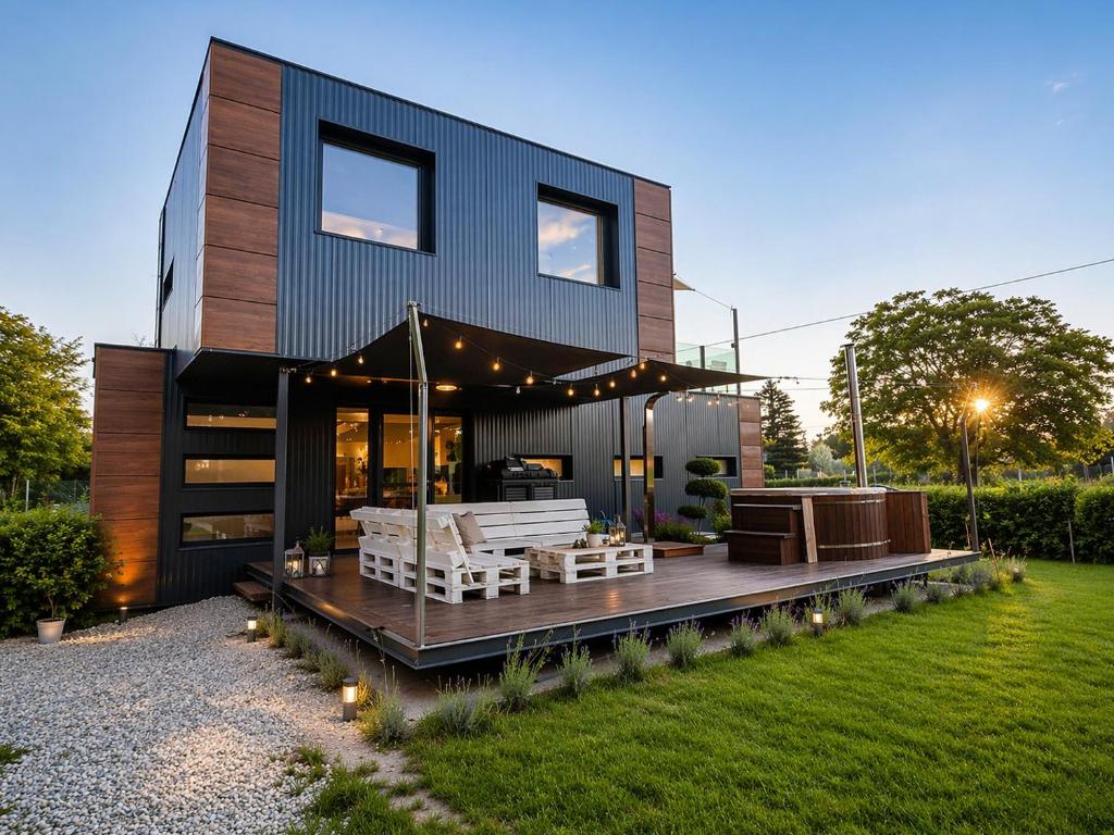 a modern house with a wooden deck with a lawn at Swan Apartman in Sándorfalva