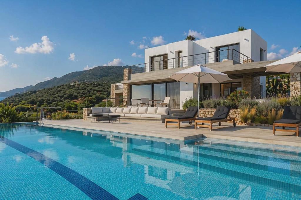 a villa with a swimming pool and a house at Villa Rosemary in Xiropigado