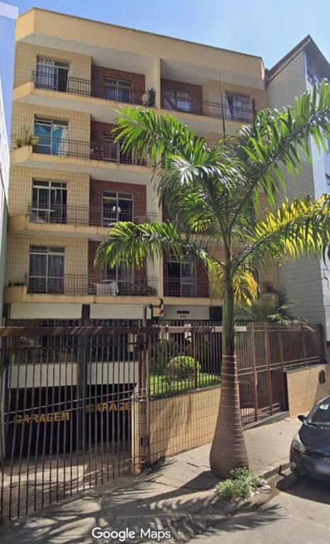 a palm tree in front of a building with a fence at Village in Viçosa