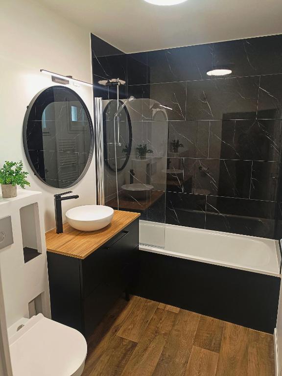a bathroom with a toilet and a sink and a shower at Studio les Hauts de Honfleur in Équemauville