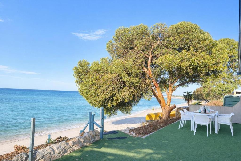 a table on the beach with a tree and the ocean at St Helens in Edithburgh