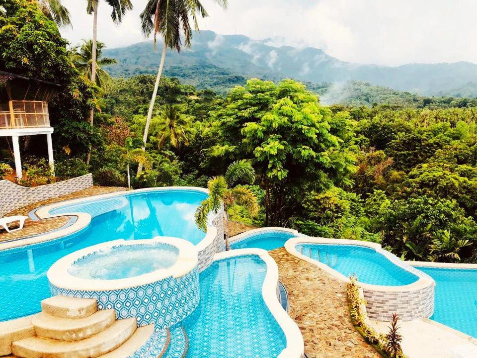 a resort swimming pool with a view of the mountains at May Three Farm in Puerto Galera