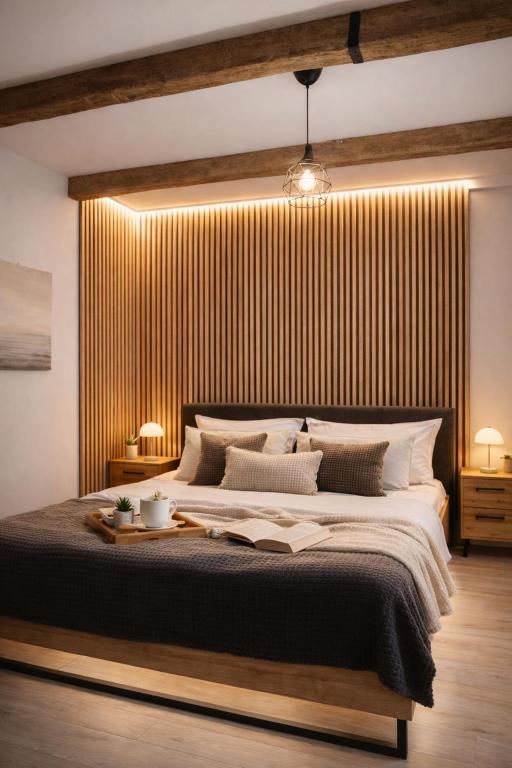 a bedroom with a large bed with a wooden wall at Nordic Dream Apartment in Kikinda in Kikinda