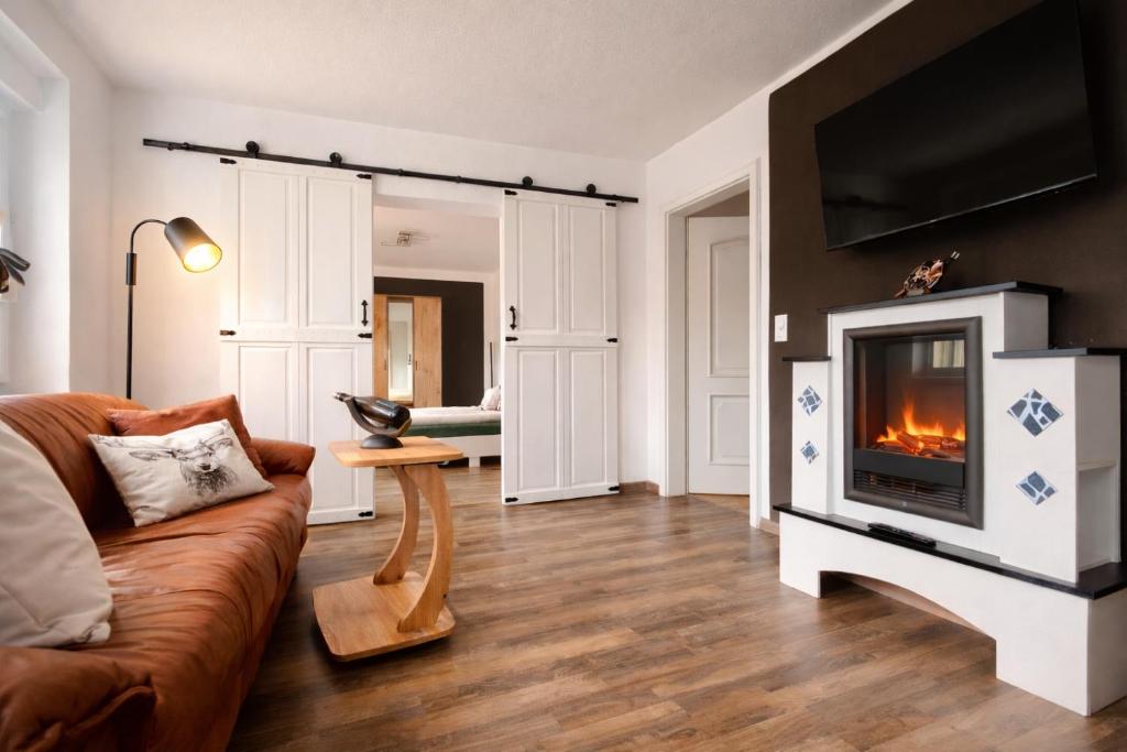 a living room with a couch and a fireplace at Ferienwohnung Penny-Ranch in Zethau