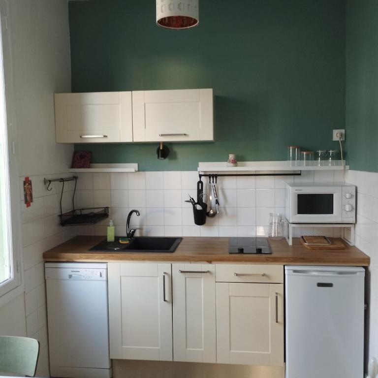 a kitchen with white cabinets and a green wall at La petite maison in Clermont-Ferrand