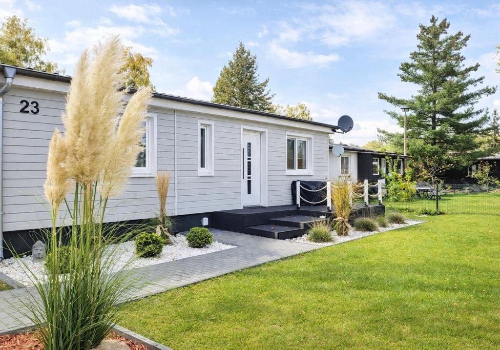a tiny house in a yard with grass at Ferienhaus Seeoase - 70qm - Kamin -Terrassen - Parkplatz - Badestelle fußläufig in Joachimsthal