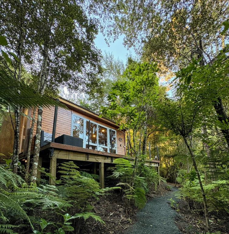 a house in the middle of the forest at Fantail Bush Chalet and Hot Tub in Parakakau