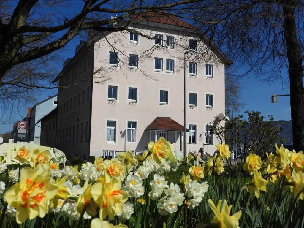 a large white building with flowers in front of it at Hotel Argo Lindau in Lindau