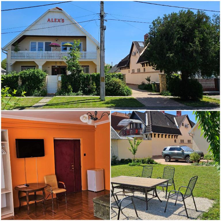 two pictures of a house with a table and a house at Alex's Hajdúszoboszló in Hajdúszoboszló